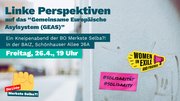 Das Bild zur Ankündigung der Veranstaltung zeigt eine Hauswand und den Teil einer Straße. Es ist ein symbolisches Bild, das den Weg Flüchtender als Thema hat. Auf dem Banner stehen die Infos zur Veranstaltung. Es sind die Logos der Basisorganisation MerksteSelba platziert, und das Logo der Organisation Women in Exile and Friends.
